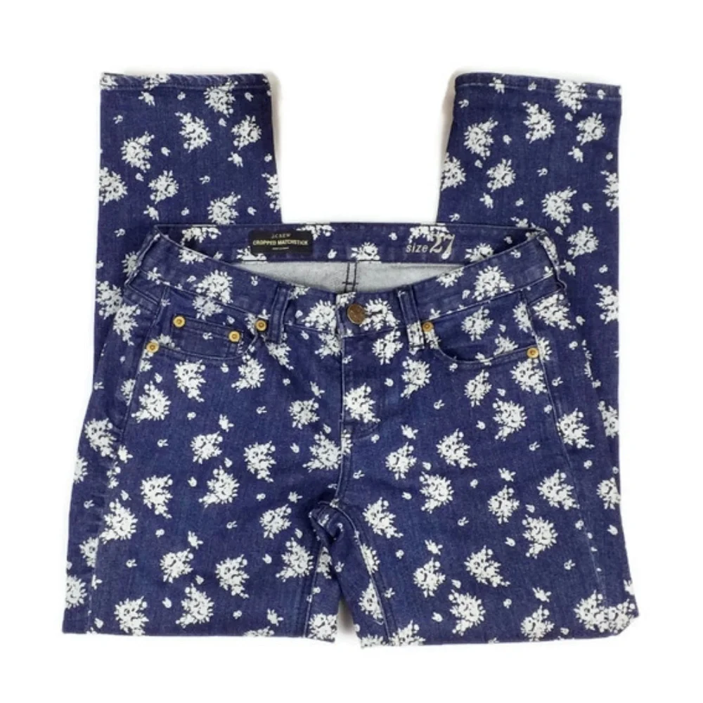 J. Crew Matchstick Indigo Floral Print Cropped Skinny Jeans Womens 27
